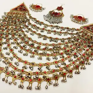 Afghani Long Chain Jewelry Set with Red Accents and Decorative Elements