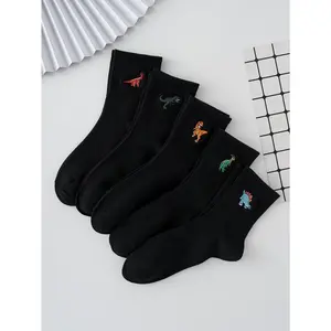 5 Pairs Dinosaur Embroidered Crew Socks Casual Cartoon Print Crew Socks
