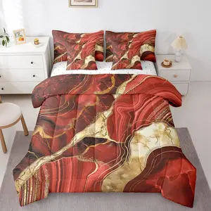 Red Gold Marble 7 Pcs Comforter Set,Marbling Crack Print Bedding,Abstract Metallic Texture Sheet Set,Luxury Shinny Boho Hippie Fluid Down Comforter
