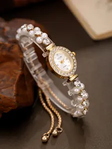 Elliptical Diamond-Embedded Pearl Bracelet Watch, Analog Watches, Fashionable Watch, Wrist Watch, Quartz Wristwatch, Elegant Versatile Timepiece, Ideal Gift for Students, Mother's Day, Back-To-School Season