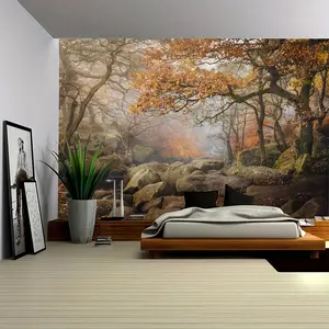 1pc High-Quality Polyester Tapestry with Vibrant Autumn Forest & Misty Mountains Design - Perfect for Bedroom, Living Room, Office Decor - Includes Free Installation Kit, Available in 3 Sizes, Living Room Art| Misty Mountains Backdrop| Durable Wall Fabr