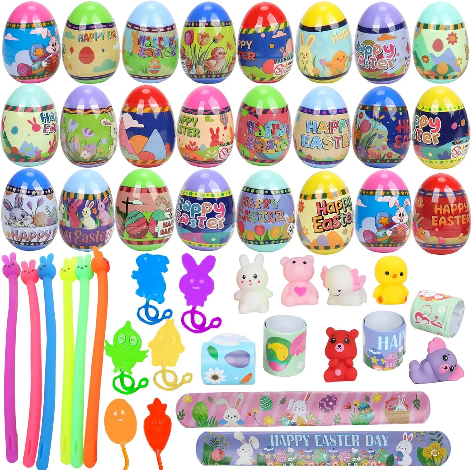 24-Pack Pre-Filled Easter Eggs with Rubber Bunny Toys Inside, Easter Basket Stuffers for Kids, Classic Capsule Toy Party Favors