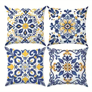 4pcs, Teal Yellow Bohemian Italian Tile Pattern Printed Throw Pillow Covers, Home Comfort Decorative Pillowcases for Living Room, Bedroom, Sofa Cushion Covers, 2D Flat, Single Sided Printing, No Pillow Core