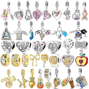 Gold Color Charms 925 Sterling Silver Pink Heart Pendant Original Owl Feather Charm DIY Jewelry Making Fit Bracelet For Women