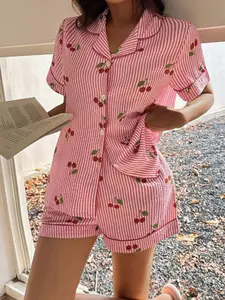 Two-Piece Striped Cherry Print Pajama Set for Women, Open Front Short Sleeve Top and Shorts, Soft Button Closure, Casual Home Wear