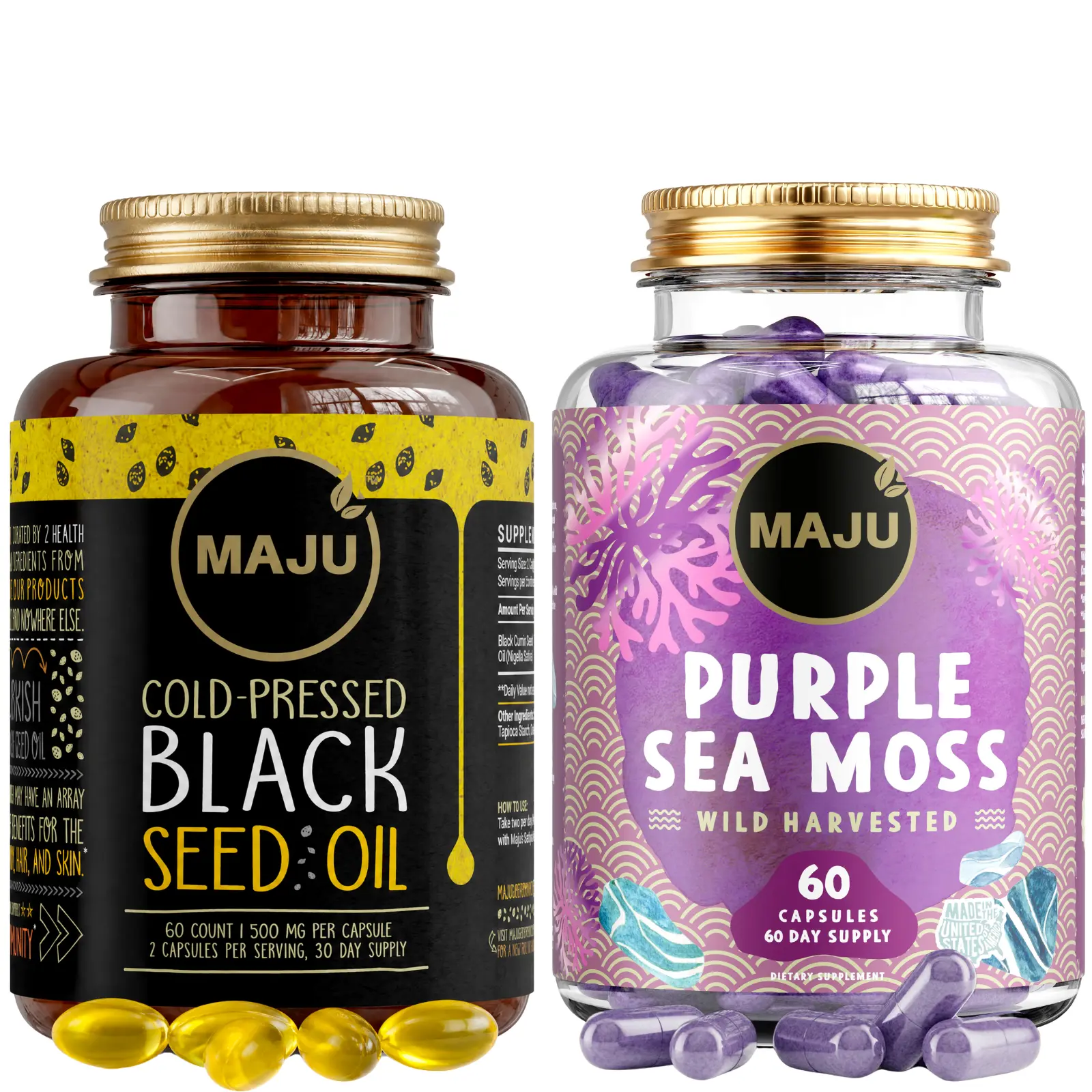 MAJU Immune Glow Duo - Black Seed Oil Capsules (60ct) & Purple Chondrus crispus Sea Moss Capsules (60ct) Edible Dietary Healthcare Supplement Fitness Healthy Skin Natural Wellness Vitamin
