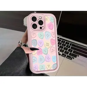 A Pink High Bamboo Pastel Heart Candy Pattern TPU Case for iPhone 17 Pro Max 16 16e 15 14 Plus 13 12 Mini 11 Air X XS Straight Edge Drop-Resistant Rugged Durable Cover Shell Valentine's Day Gift 2D printing