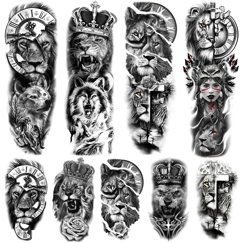 9 Sheets Lion & Clock Temporary Tattoo Stickers, Waterproof Body Art Tattoos for Men Women, Party Festival Accessories, Temporary Fake Tattoo