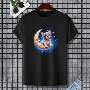Lunar Frenchie: Adventures Beyond, Dog Lover, French Bulldog T-Shirt, 100% Cotton, Single Side Printed, Black Short Sleeve T-shirt, Gift for Family Friends, S-XXXL, 1 pc, Fabric Weight 180g