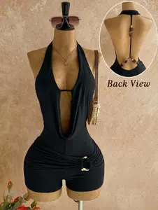 AIbart Bohemian Tropical Halter Backless Jumpsuit with Textured Metal Beads for Leisure Vacation