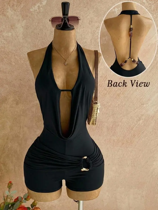 AIbart Women's Bohemian Tropical Sleeveless Halter Backless Overalls with Textured Metal Beads, Comfortable Sexy Style for Leisure Vacation