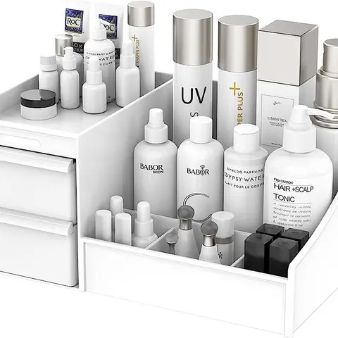 Recyclable Rectangle Plastic Beauty Storage Box - Multifunctional, Eco-Friendly, Modern Home Organizer with Slides, Drawers, Button, Waterproof Surface for Dressing Table Vanity, Bathroom, Kitchen Countertop; Holds Cosmetics, Office Supplies; Gift-Ready