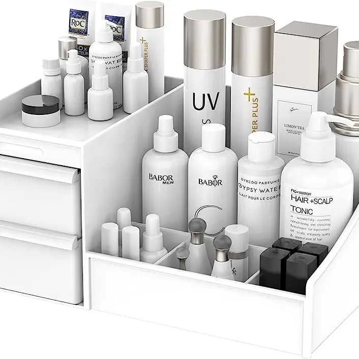 Recyclable Rectangle Plastic Beauty Storage Box - Multifunctional, Eco-Friendly, Modern Home Organizer with Slides, Drawers, Button, Waterproof Surface for Dressing Table Vanity, Bathroom, Kitchen Countertop; Holds Cosmetics, Office Supplies; Gift-Ready