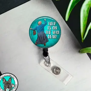 Help Is On The Way Dear Badge Reel, Funny Retractable Badge Holder, ID Name Badge Clip, Heavy Duty Reel, Carabiner, Breakaway Lanyard