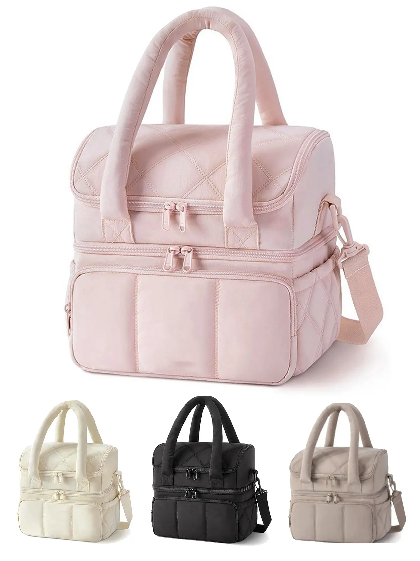 Women's Double-Layer Quilted Lunch Bag - Insulated Leak-Proof Cooler Tote Collapsible Reusable Thermal Bag for Work, School, Travel & Picnics Durable Lunch Bags Zipper Lunch Bag Leakproof Cooler Bag Lunch Insulation Bag