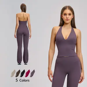 Women's Halter Tank Top Longline & High Waisted Athletic Long Pants Set, V Neck Sleeveless Backless Built, Slimming Waist Control, Lift Chest and Butt, Outdoor and Casual Wear, Athletic Style Activewear