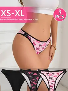 Women's Sexy Side Button Low Waist Triangle Panties, Adjustable Breathable Elastic Butterfly Print Underwear, Casual Slim Fit All Season Wear, Printed Panties