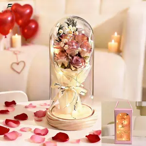 Eternal Red Rose with LED Light in Glass Dome, Preserved Rose Gift for Valentines Day Anniversary, Romantic Forever Flower for Her