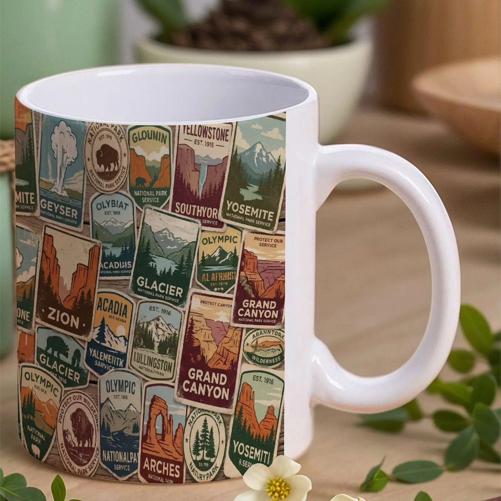 Vintage National Parks (Yellowstone, Yosemite) Logo 11oz Ceramic Coffee Mug - Printed, Reusable, Washable, Vibrant Retro Art, Durable Home-Office Drinkware, Gift-Ready for Birthdays, Holidays, National Parks Logo