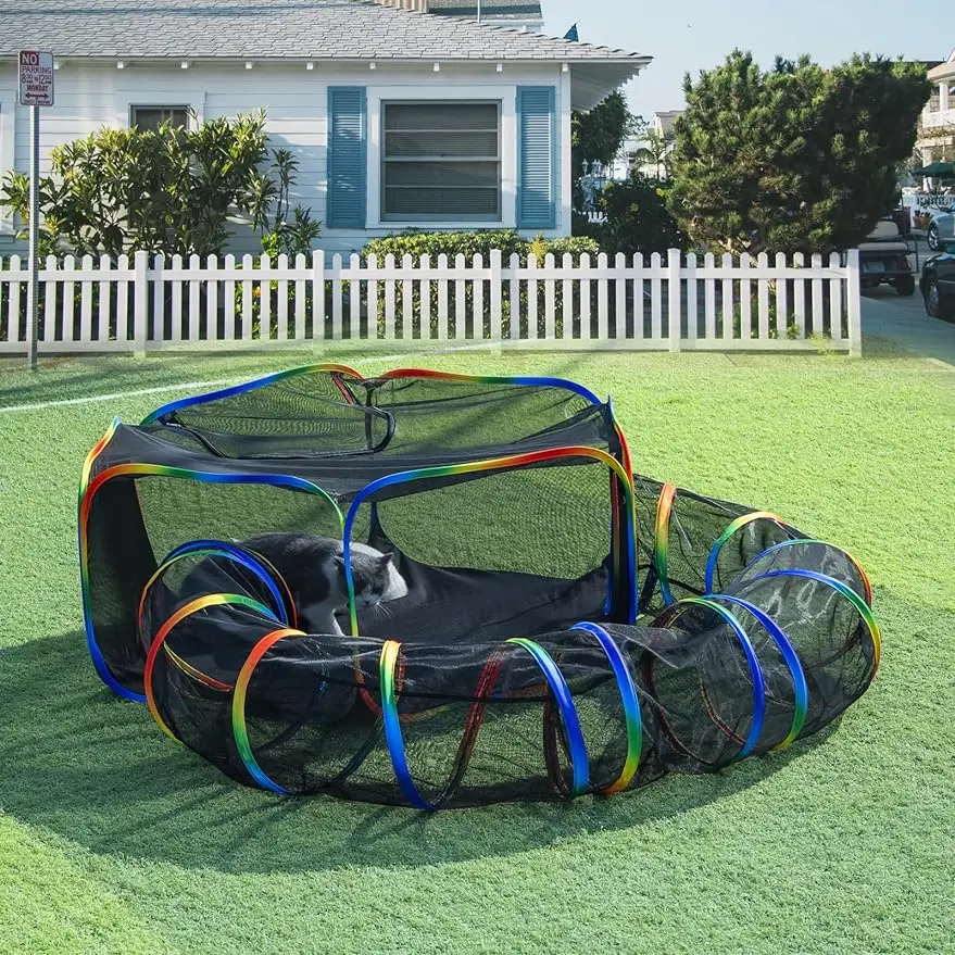 Outdoor Rainbow Cat Enclosures Playground,Outside House for Indoor Cats Include Portable Cat Tent, Circle Playpen Tunnel, for Kitty and Small Animals,