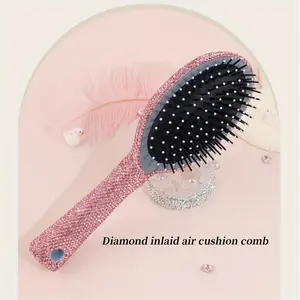 1pc Sparkling Rhinestone Hairbrush with Air Cushion, Anti-Static Long Handle Detangling Brush, Plastic Material, for All Hair Types, with Creative Home Use Massage Comb