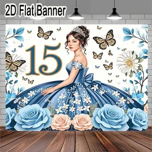 2D flat banner, Decorative Banner, 1pc Blue Ball Gown for Quinceañera with Off-the-Shoulder Design, Floral Decorations and Large Bow, Tiara and Necklace, Ideal for 15th Birthday Celebration, Perfect for Regal Party Themes with Flowers and Butterf