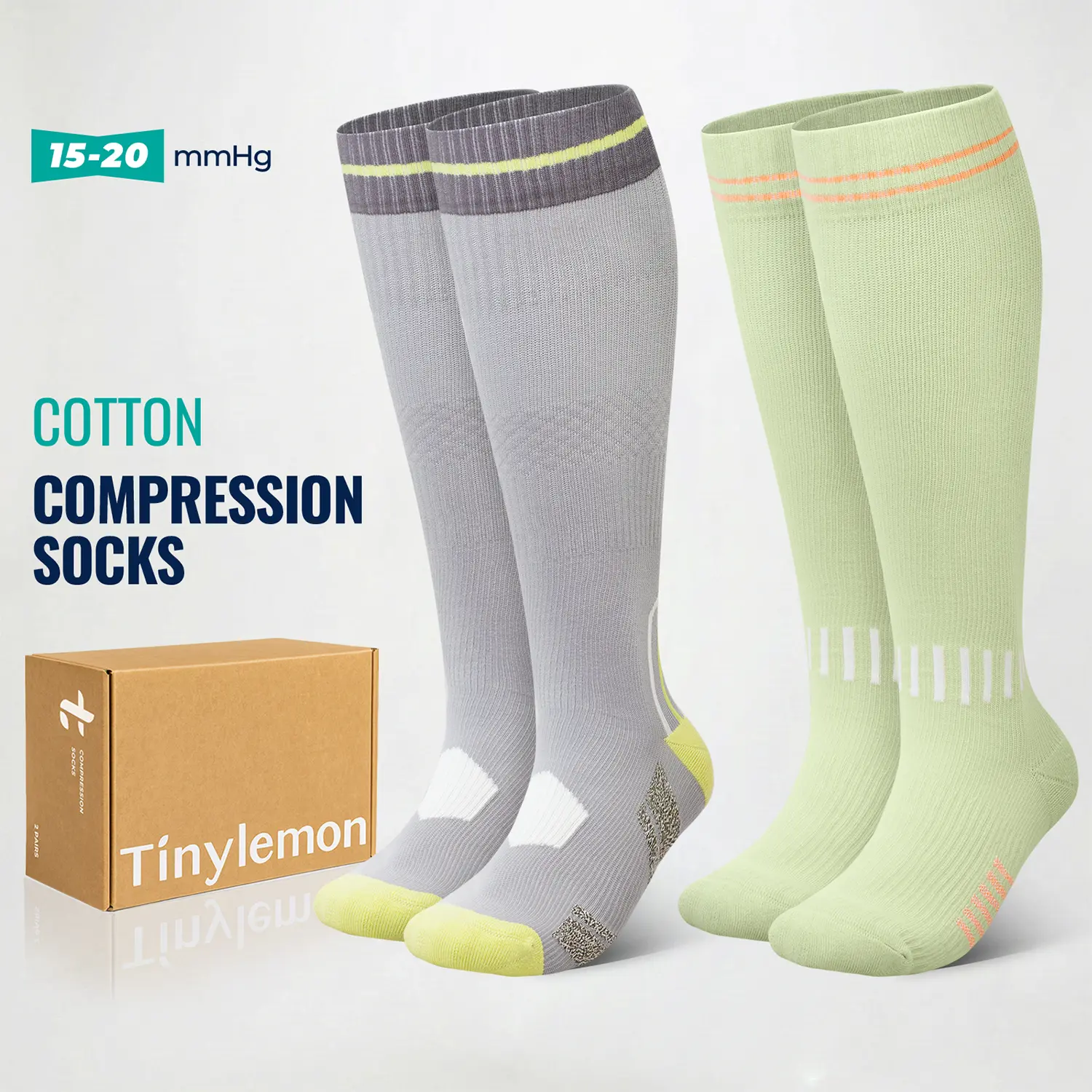 Tinylemon Adults' Knee-High Sports Compression Stockings, 2-Pair Colorblock Pack, 15-20 mmHg Gentle Support for Nurses & Flying, Sports Socks