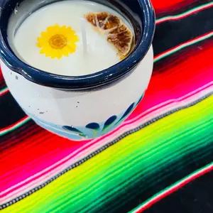 Authentic Cantarito Candle | Mexican Holiday Candle | Natural Soy Wax with Dried Flowers | Clay Mug with Spices | Color Espiga Large Candle Decor | Lime Aroma Candle