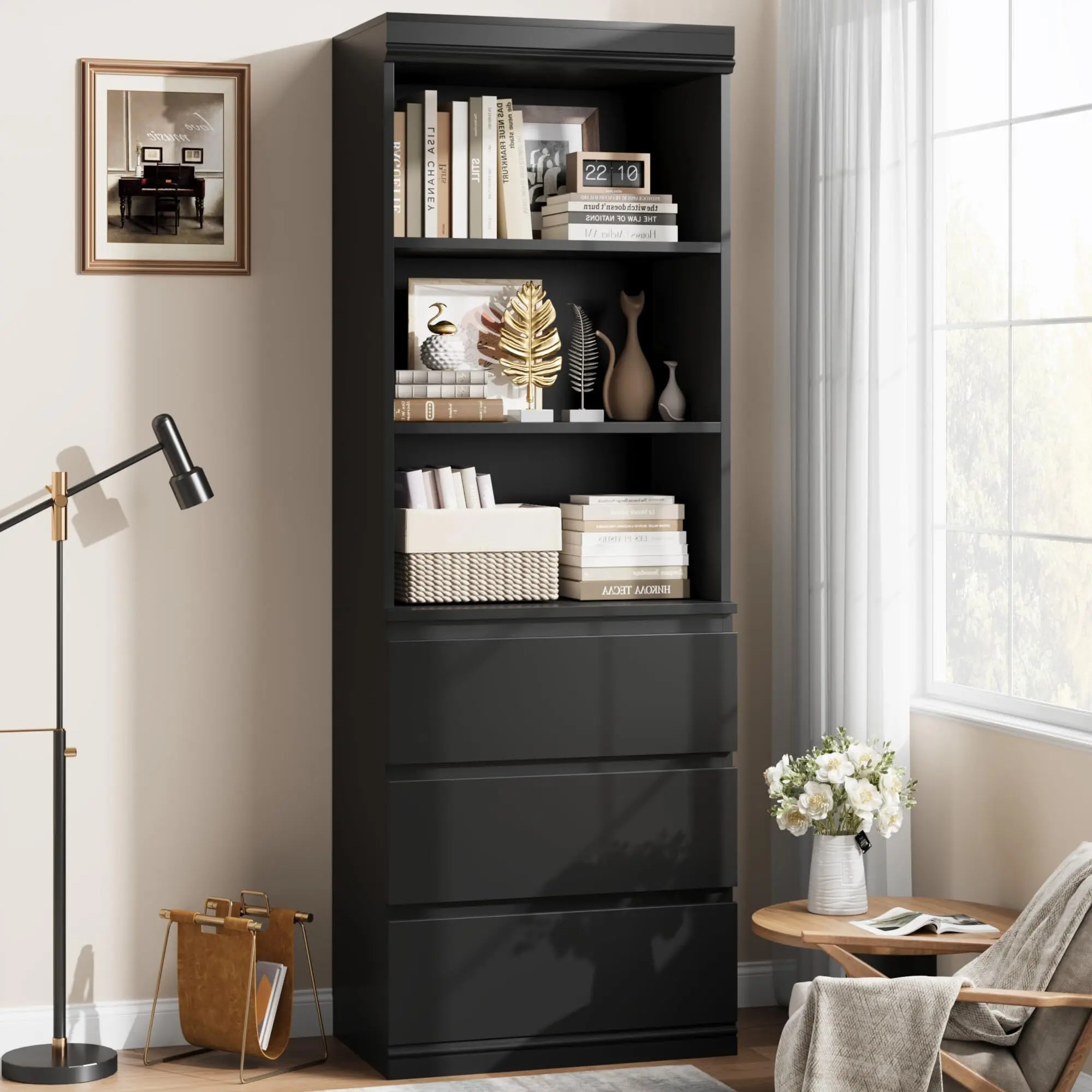 70" Tall Bookcase with Drawers, Bookshelf w/ 3 Tier Open Shelves & 3 Storage Drawers, Modern Deep Storage Book Shelves Storage Cabinet Organizer for Living Room Office Library (Black)