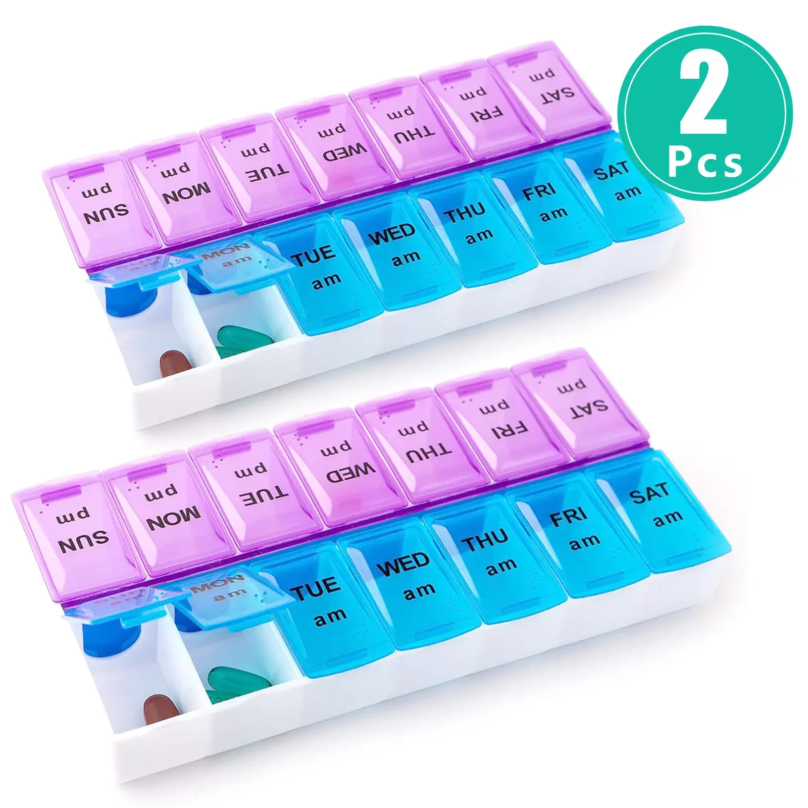 7-Day AM-PM Pill Organizer, 2PC Travel-Size Food Grade 3D Plastic Rectangle Storage Box with Removable Compartments for Medicine, Vitamins, Care & Aid Needs, Ideal Gift for Parents & Adults