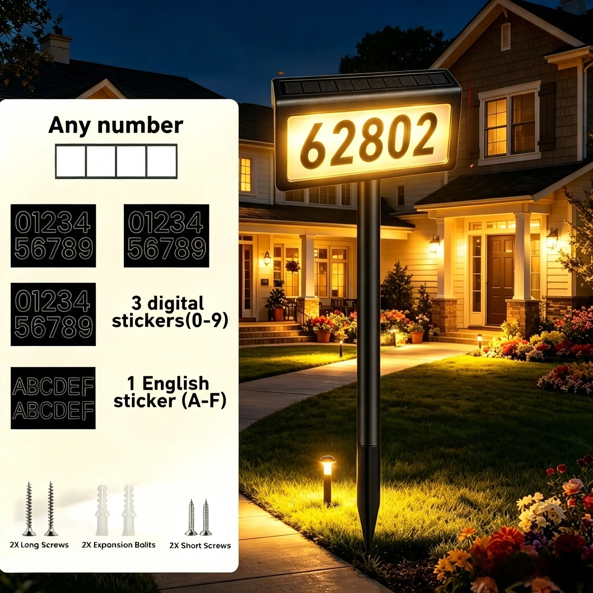 Outdoor Solar-Powered LED Address Sign Light Strip, Automatic Night Illumination, Waterproof Home Decor Address Plaque
