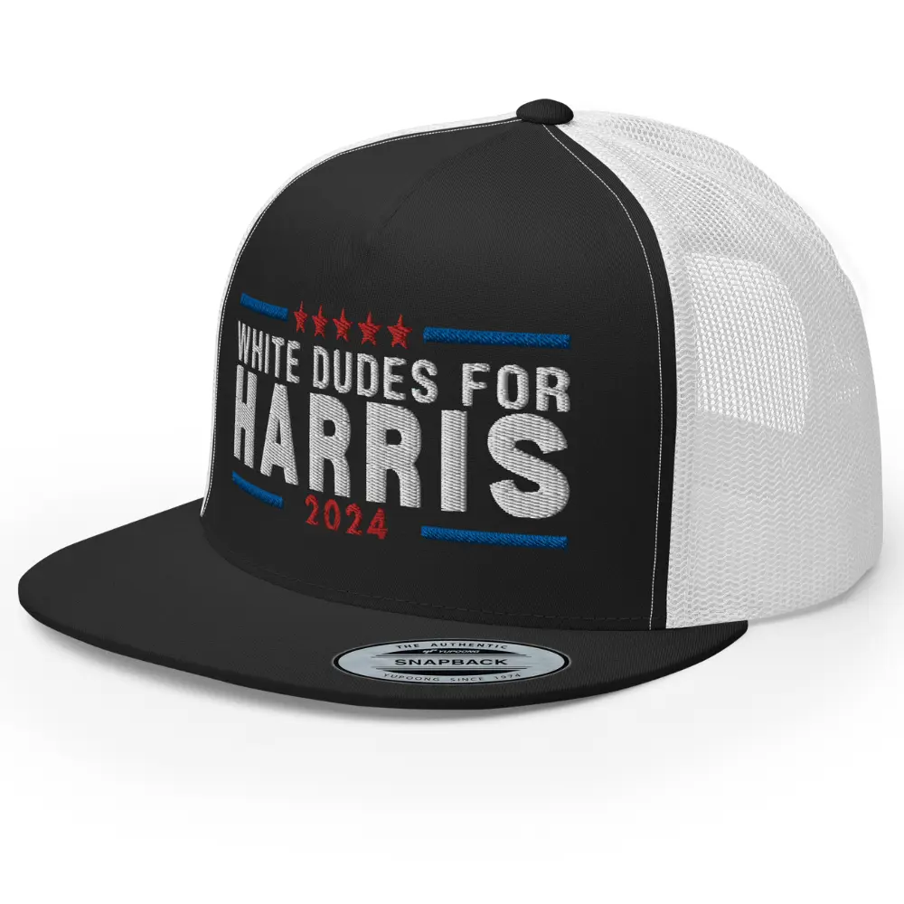 RIVEMUG NG White Dudes for Harris Embroidered Flat Bill Trucker Hat High Crown Adjustable Kamala Harris for President Cap