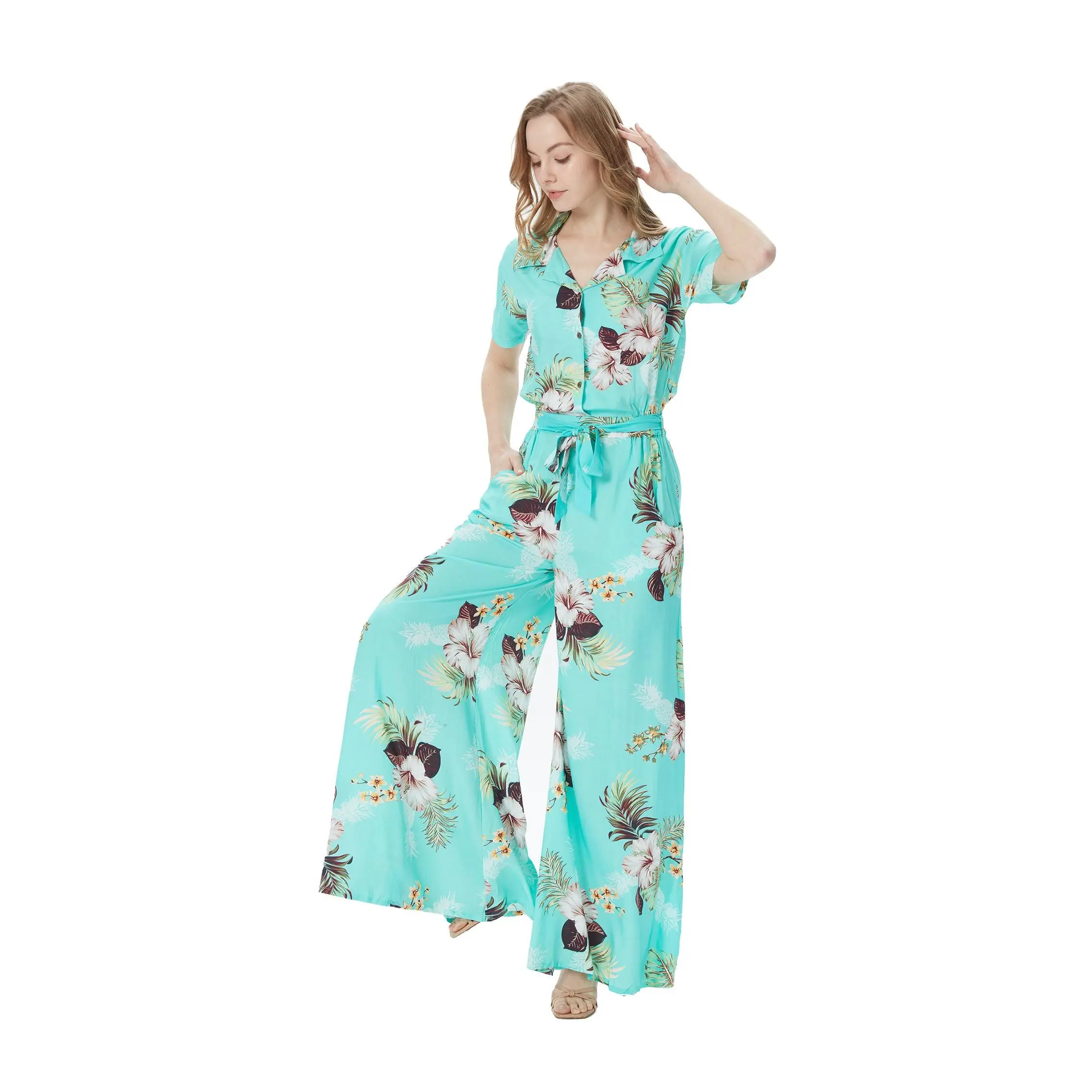 Women's Wide Leg Jumpsuit with pockets in Pineapple Garden Turquoise