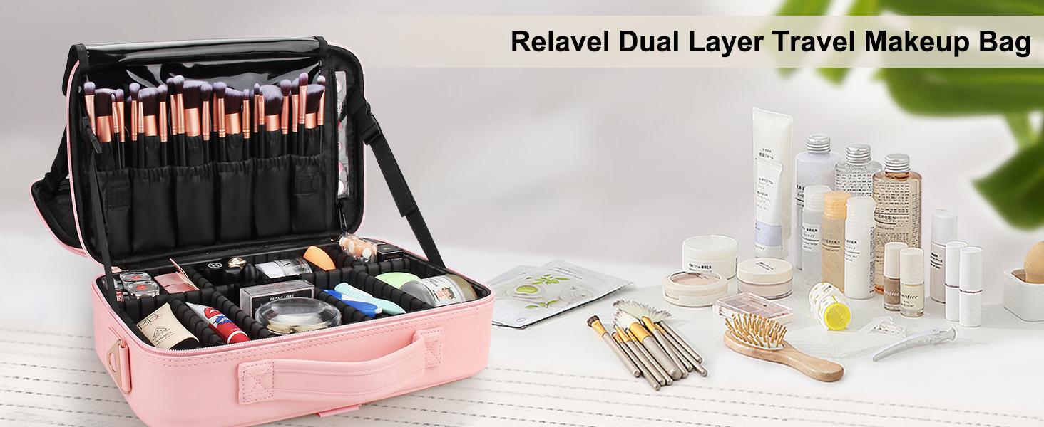 Travel Makeup Bag Cosmetic Bag Adjustable Dividers, Professional Cosmetic Artist Organizer,Makeup Organizer Bag Waterproof,Perfect Mother Gift For Friend& Family.