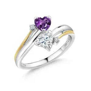 Gem Stone King 925 Sterling Silver & 10K Yellow Gold Gemstone Birthstone, White Moissanite and Accent Lab Grown Diamond 2-Heart Promise Ring | Heart Shape 5MM | Round 1.3MM | Two-Tone Couple Engagement Mother Ring