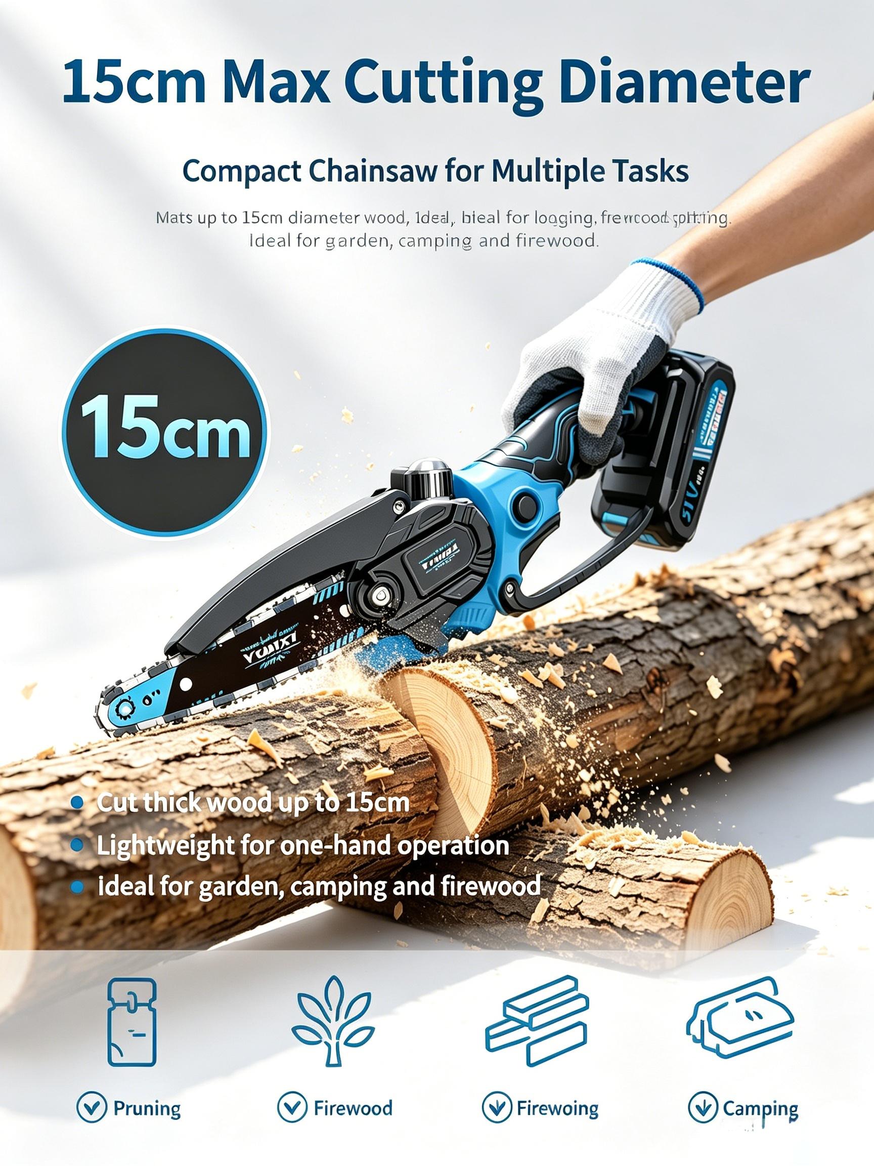 Yunxi 6-Inch Mini Cordless Chainsaw, 21V Max Rechargeable Lithium Battery Handheld Electric Saw with Safety Lock, Portable Lightweight 1-Hand Tool for Garden Yd Wood Cutting, Tree Branch Trimming