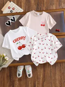 Girls' Cherry Print Short Sleeve Top Set, Soft Knit Round Neck Pullover, Casual Youth Fashion, Ages 4-8 Years, 3 Piece Pack
