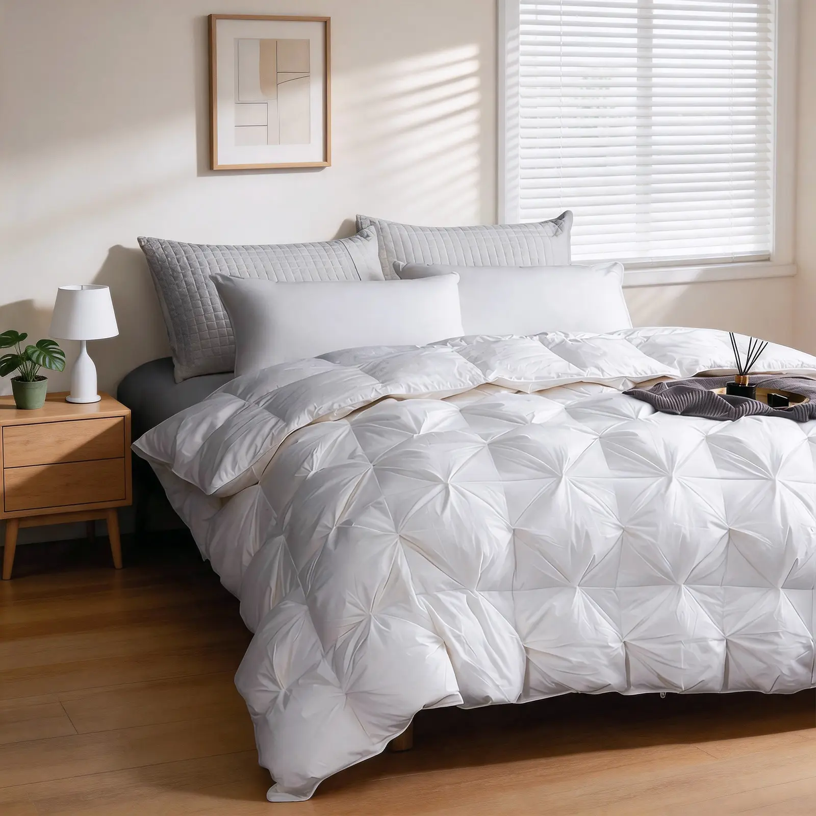 White Fluffy Cotton Cover Feather Down Pinched Pleats Duvet Insert - Lightweight  All Seasons Bedding, 8 Tabs, Permabaffle Loft, Shake to Restore, 64x88in, Responsibly Sourced Luxury Warmth