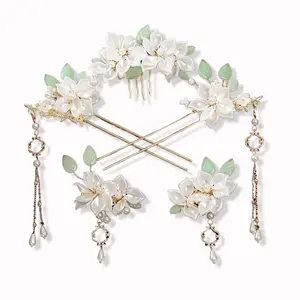 5 Pcs Camellia Flower Tassels Hairpin, Chinese Hair Pins Flower Pins for Hair, Chinese Hanfu Hairpin Crystal Rhinestone Pearl Clips Headpiece, Retro Hanfu Wedding Brides Accessories for Women Girls