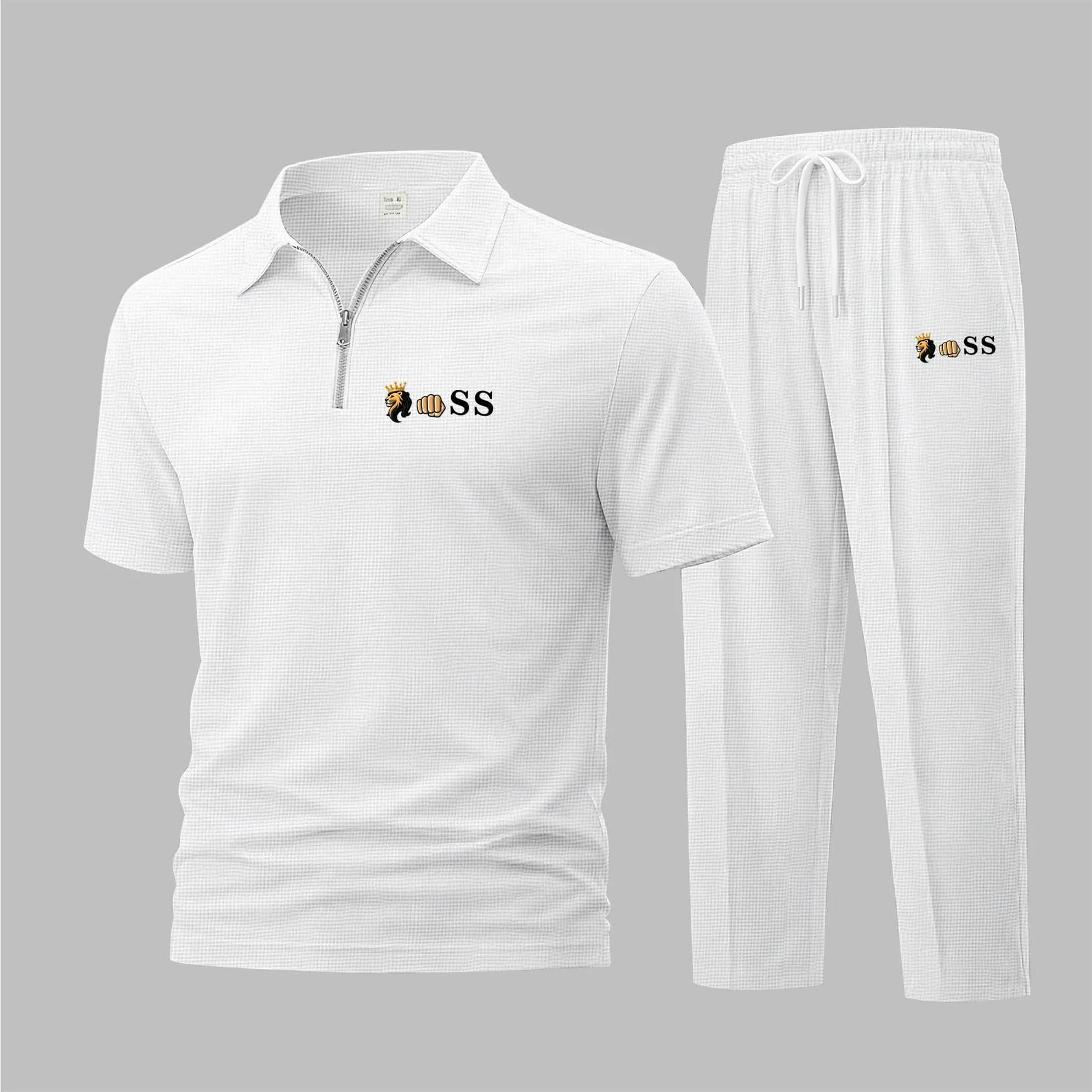 Men’s Lion & Fist Graphic Waffle Knit Polo Set – Power Symbol Print Short Sleeve Zip-Up Collar Polo Shirt and Pants Set, Lightweight Breathable Comfortable Casual Sportswear, Travel Outfit, Loungewear