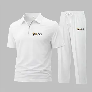 Men’s Lion & Fist Graphic Waffle Knit Polo Set – Power Symbol Print Short Sleeve Zip-Up Collar Polo Shirt and Pants Set, Lightweight Breathable Comfortable Casual Sportswear, Travel Outfit, Loungewear
