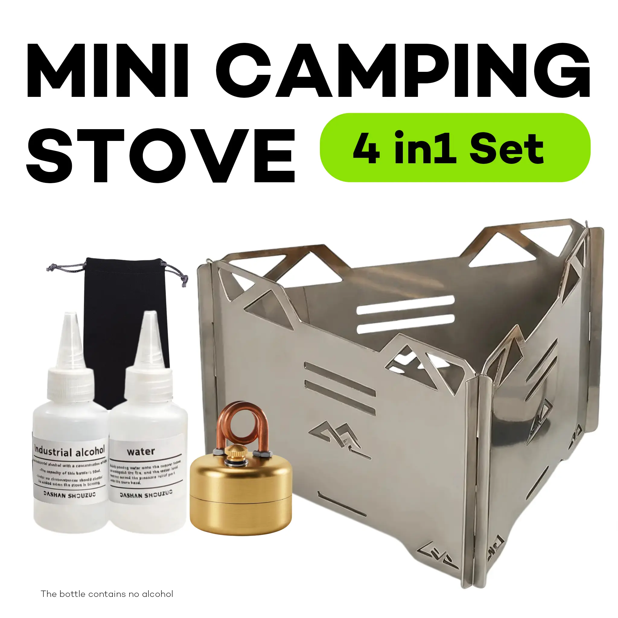 Alcohol Camping Stove 4 in 1 Set Stove Storage Bag Bottles & Wind Deflector Compact Stainless Steel & Aluminum Vaporizer Burner Lightweight Fast-Heating Cooker Backpacking Hiking & Small Outdoor Camping Supplies Picnic Tool Gift