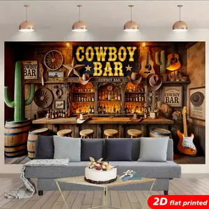 Western Cowboy Wooden Backdrop Tapestry, 2D Flat-Printed Bar Wall Hanging with Saloon, Cactus, Guitar Designs, Home Decor for Man Cave, Gift for Home Supplies Enthusiasts