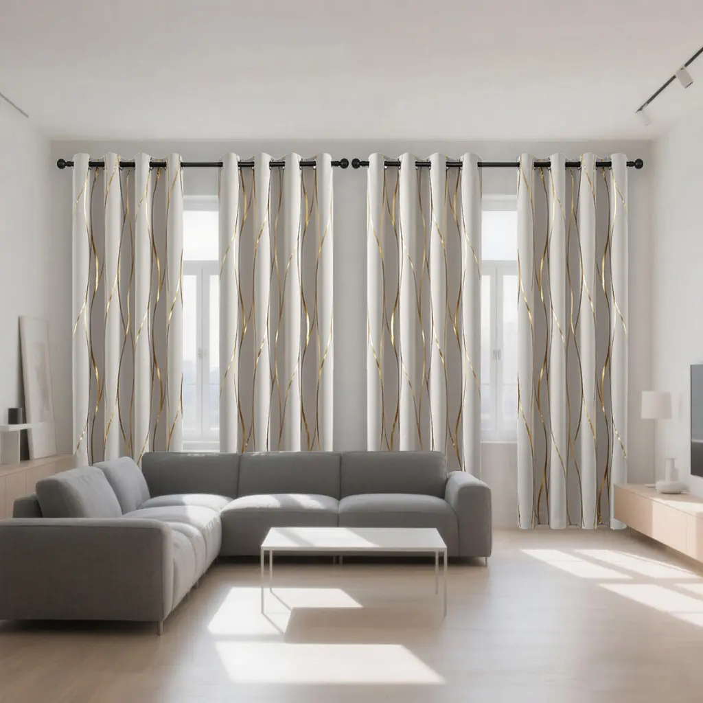 4-piece set of hot stamping technology with vertical wave texture shading and thickened curtains, with perforated hanging on the top, providing insulation, noise reduction, and UV blocking, suitable for living rooms, bedrooms, study rooms