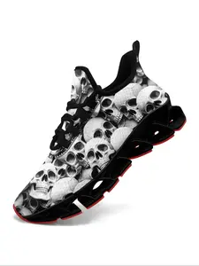 Men's Gothic Skull Punk Trendy Sports Shoes, Multiple Skeletons Designed Lightweight Comfortable Fashion Sneakers for Men, Plus Size Gothic Skull Casual Trainers
