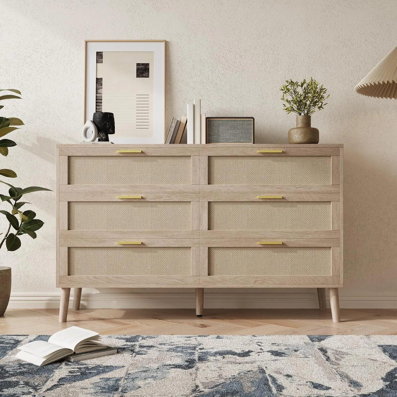GAOMON Rattan 6-Drawer Double Dresser - 47.2" Wide Rectangular Boho Chest with Gold Handles, Sturdy Base Single Unit Wooden Storage Cabinet for Bedroom, Closet, Dressers