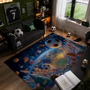 Luxury Cosmic Soccer Velvet Rug – Ultra Soft Plush Football Area Rug for Kids, Teens & Gamers, Space-Themed Bedroom Decor with Non-Slip Backing