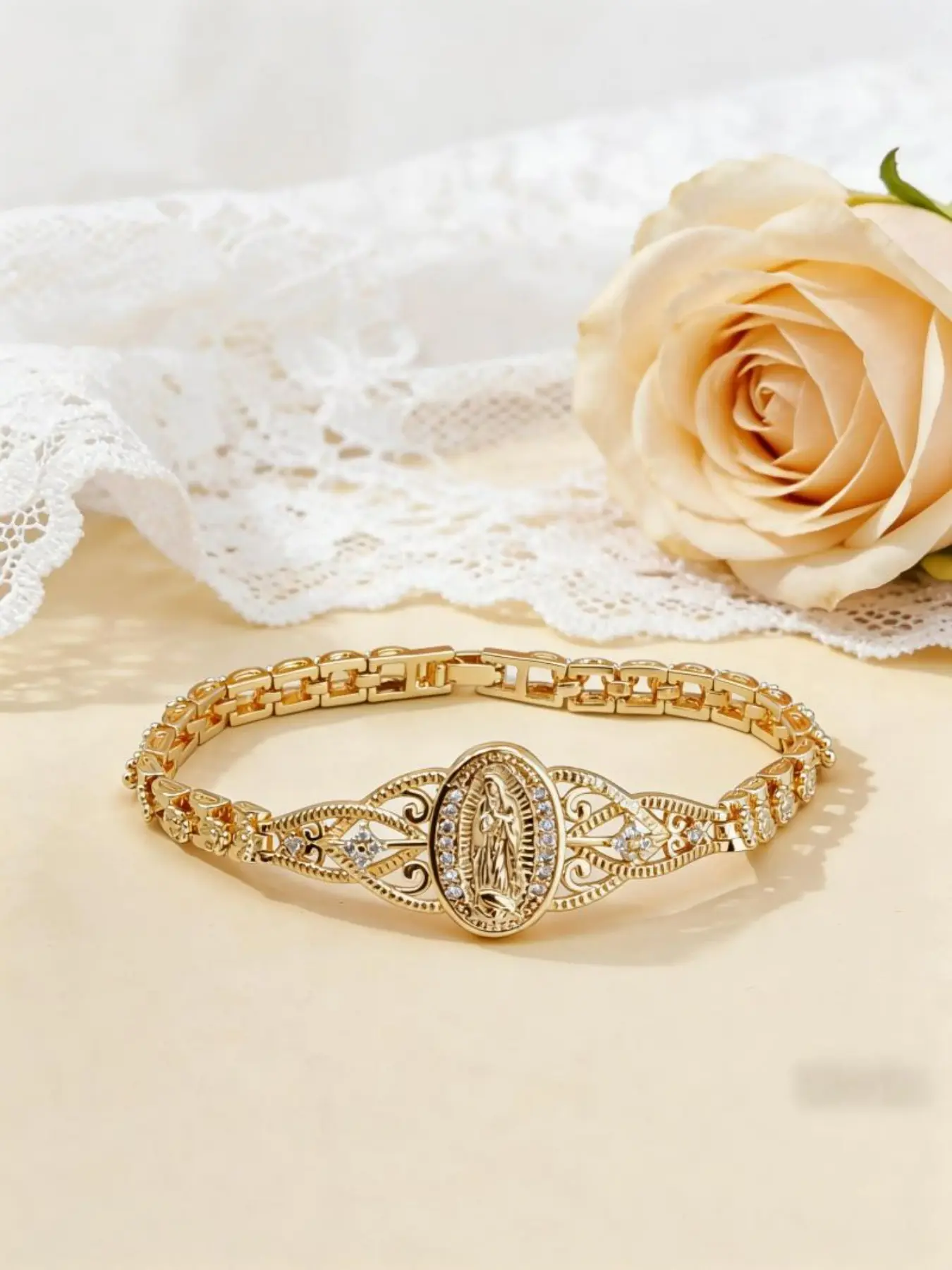 14k Guadalupe Virgin Mary Bracelet, Crystal Embedded, Ideal for Religious Worship and Daily Wear, Elegant Jewelry Gift