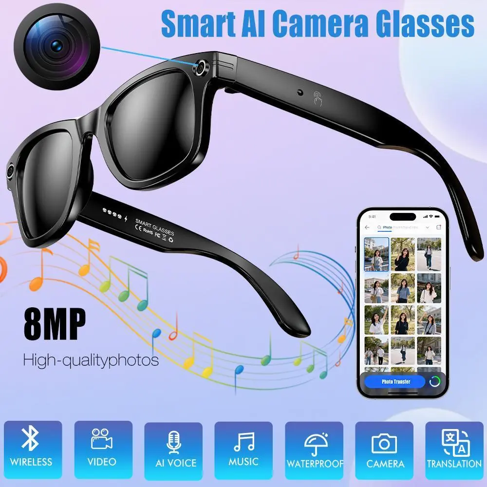 【BackToSchool】Wearable AI Powered Intelligent AI Smart Glasses - 35g Lightweight Audio Smart Glasses with Built-In Camera, Speaker, Object Recognition, Polarized UV400 Lenses, Splash-Resistant Design for Office, Hiking Use, Ai Powered Smart Glasses