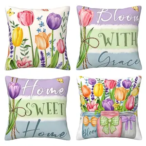 Spring and summer pillow cover, tulip flower Mason jar pattern, elegant blooming, seasonal decoration farmhouse style home decoration, 4-piece set double-sided printing